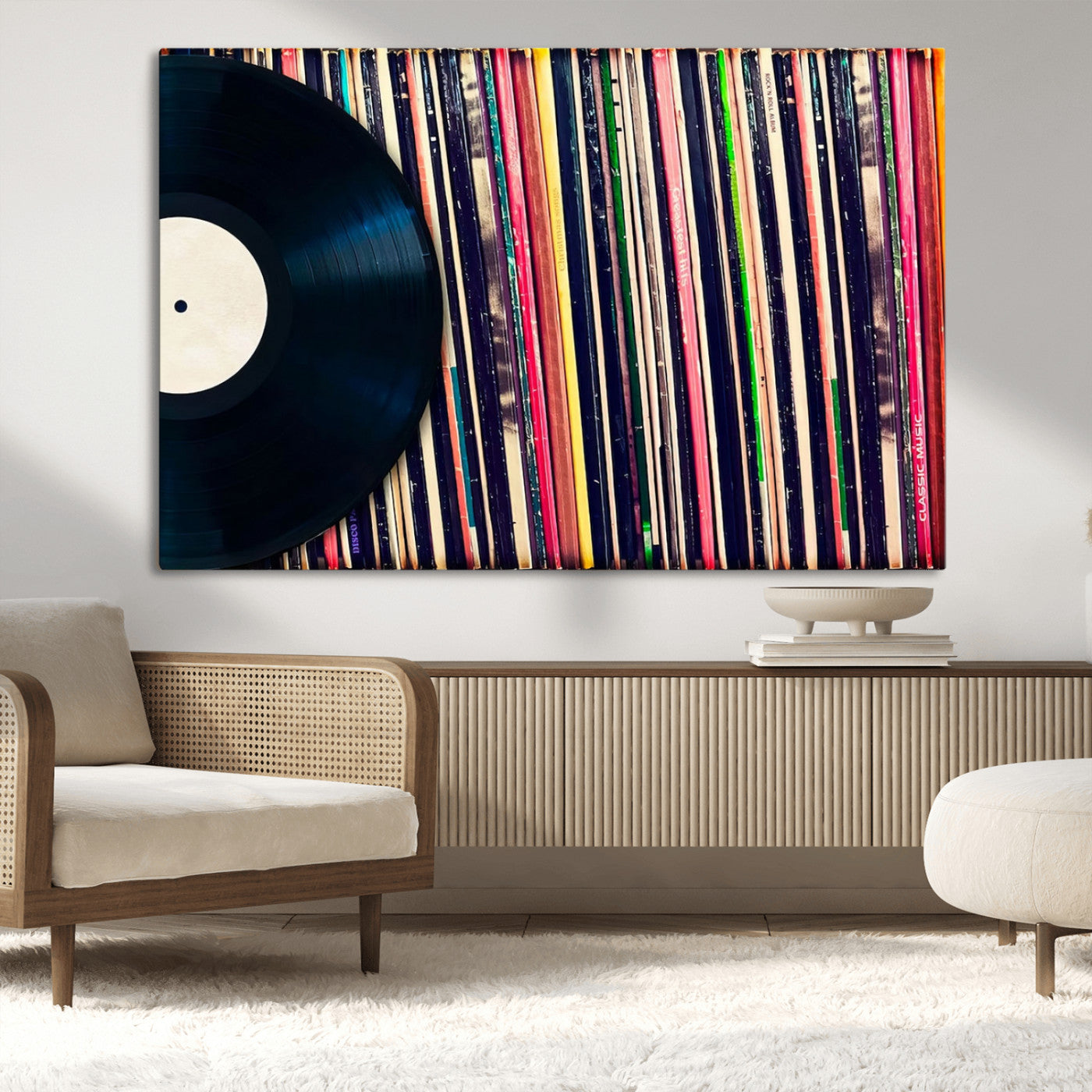 MGV-CV-36X24 - Vinyl Record and Album Collection Canvas Wall Art - Retro Music Decor for Living Room, Vintage Vinyl Lover’s Set