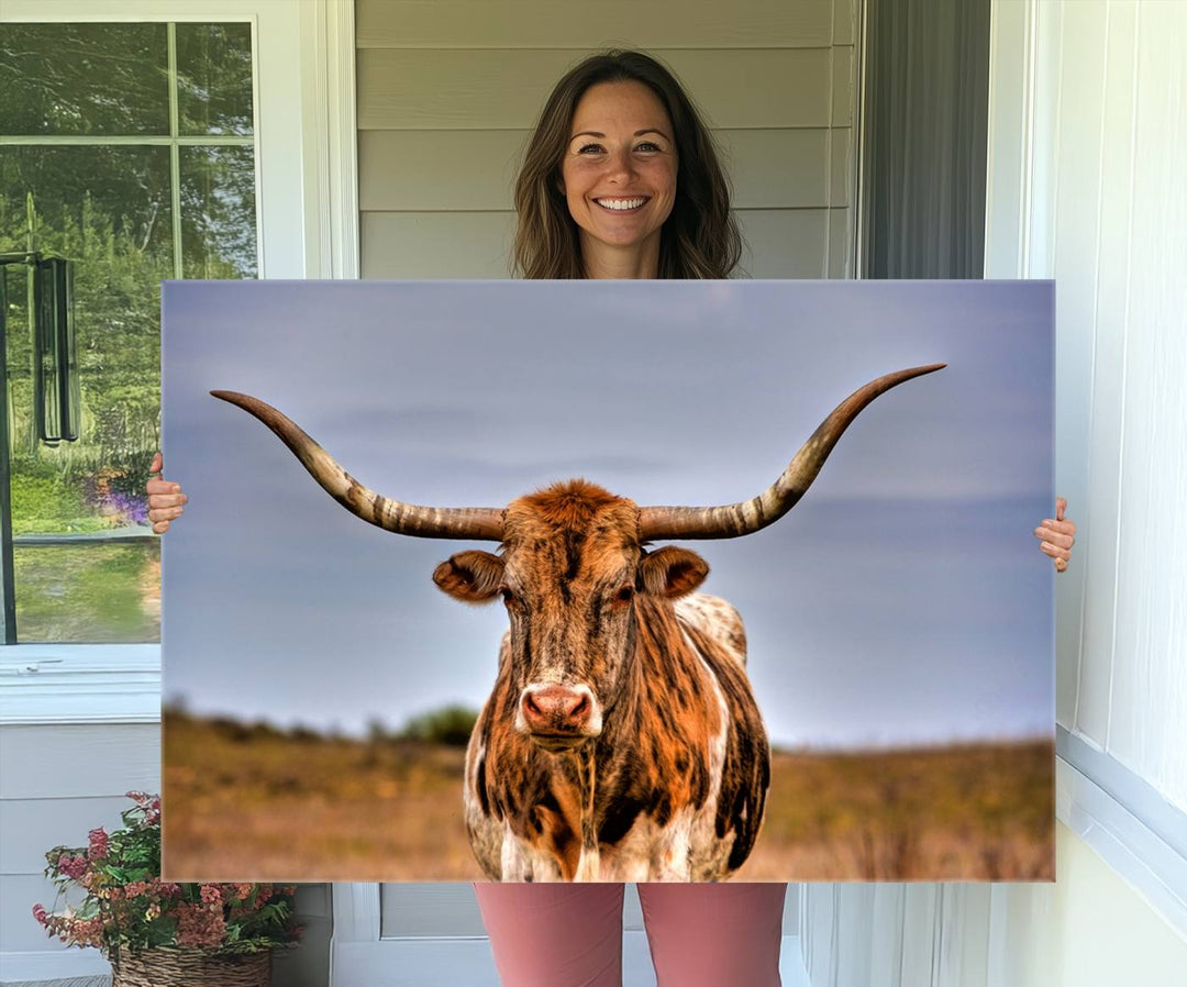 The Texas Longhorn Wall Art Print is displayed in a stylish living room.