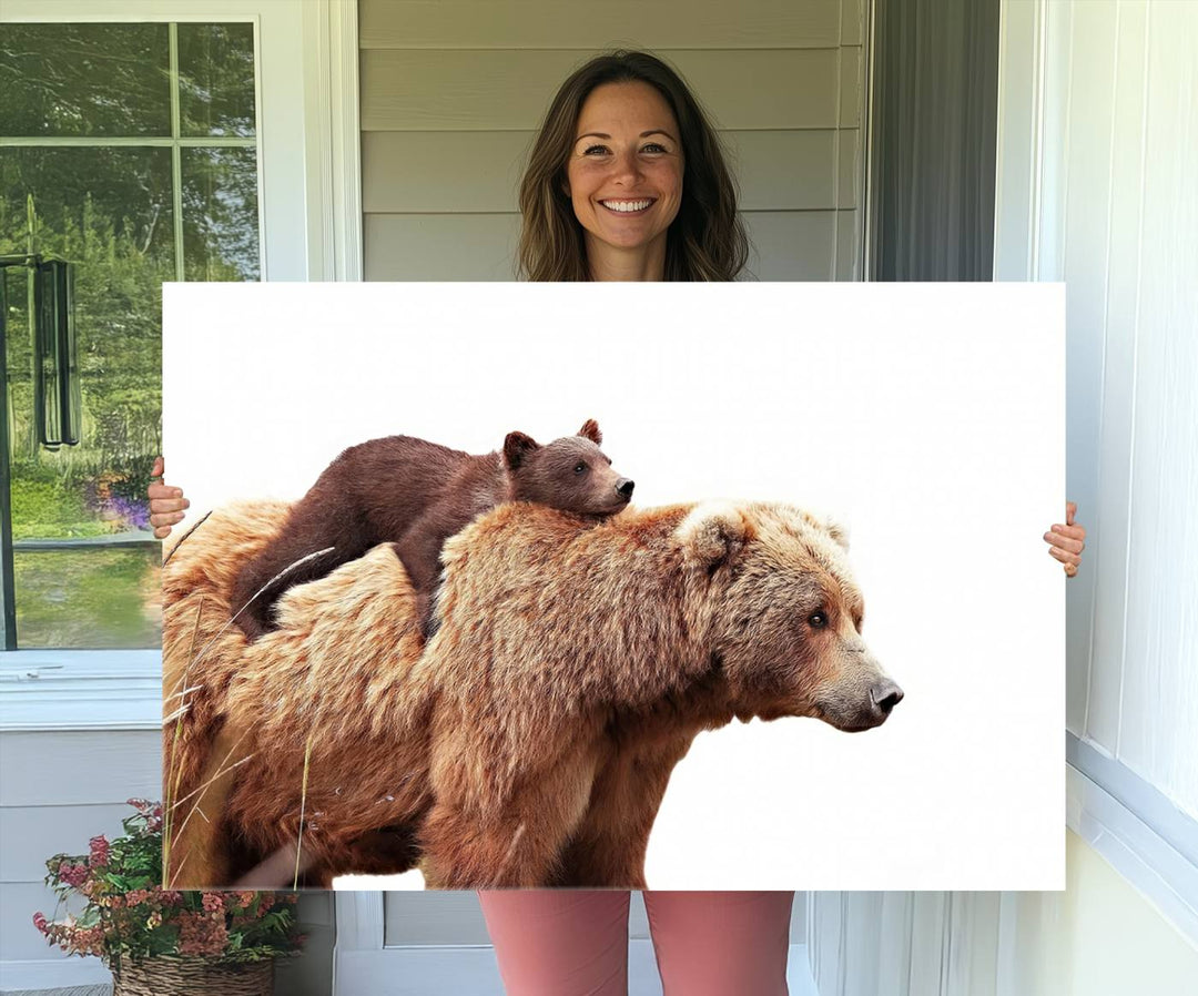 Mother and Baby Bear canvas: an adorable wildlife print displayed on a dark green wall.