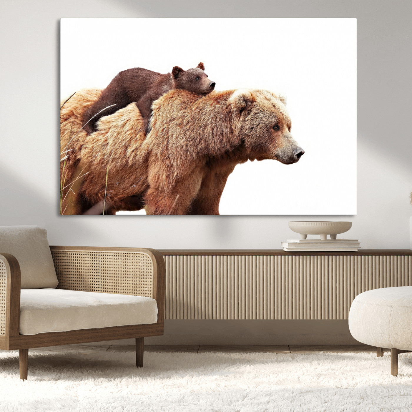 MGV-CV-36X24 - Mother and Baby Bear Canvas Wall Art - Adorable Wildlife Animal Print, Cozy Rustic Decor for Living Room,