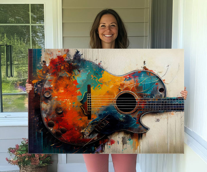 A vibrant guitar wall art canvas is mounted on the wall.