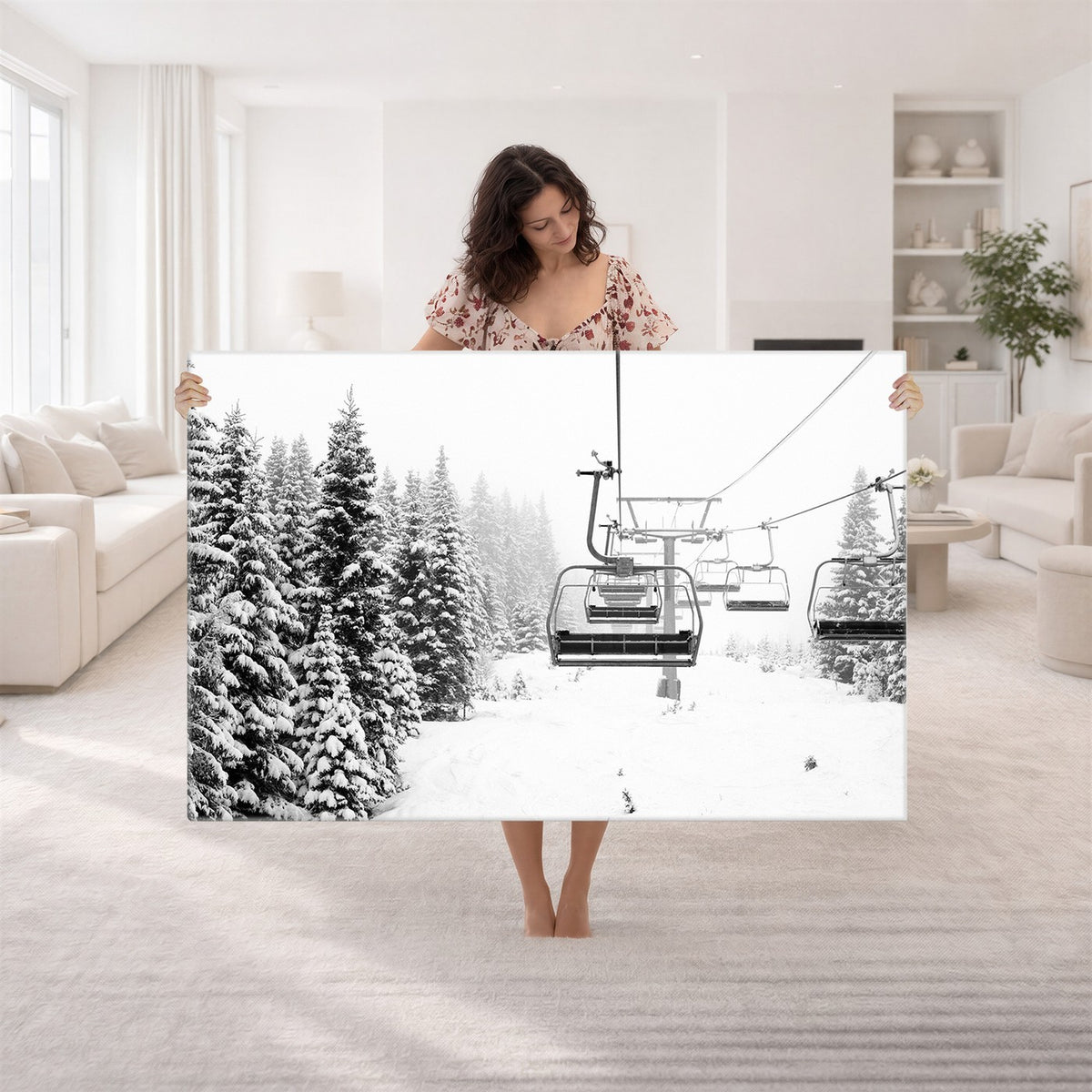 Ski Wall Art | Ski Lift Canvas Print with Snow Covered Spruce Trees, Winter Ski Resort Wall Art