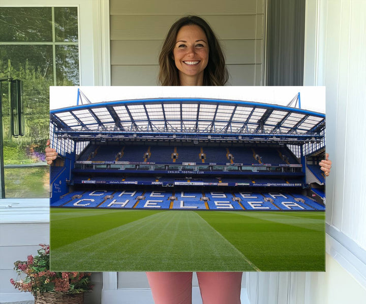 The wall art features a Chelsea FC Stamford Bridge Stadium canvas print.