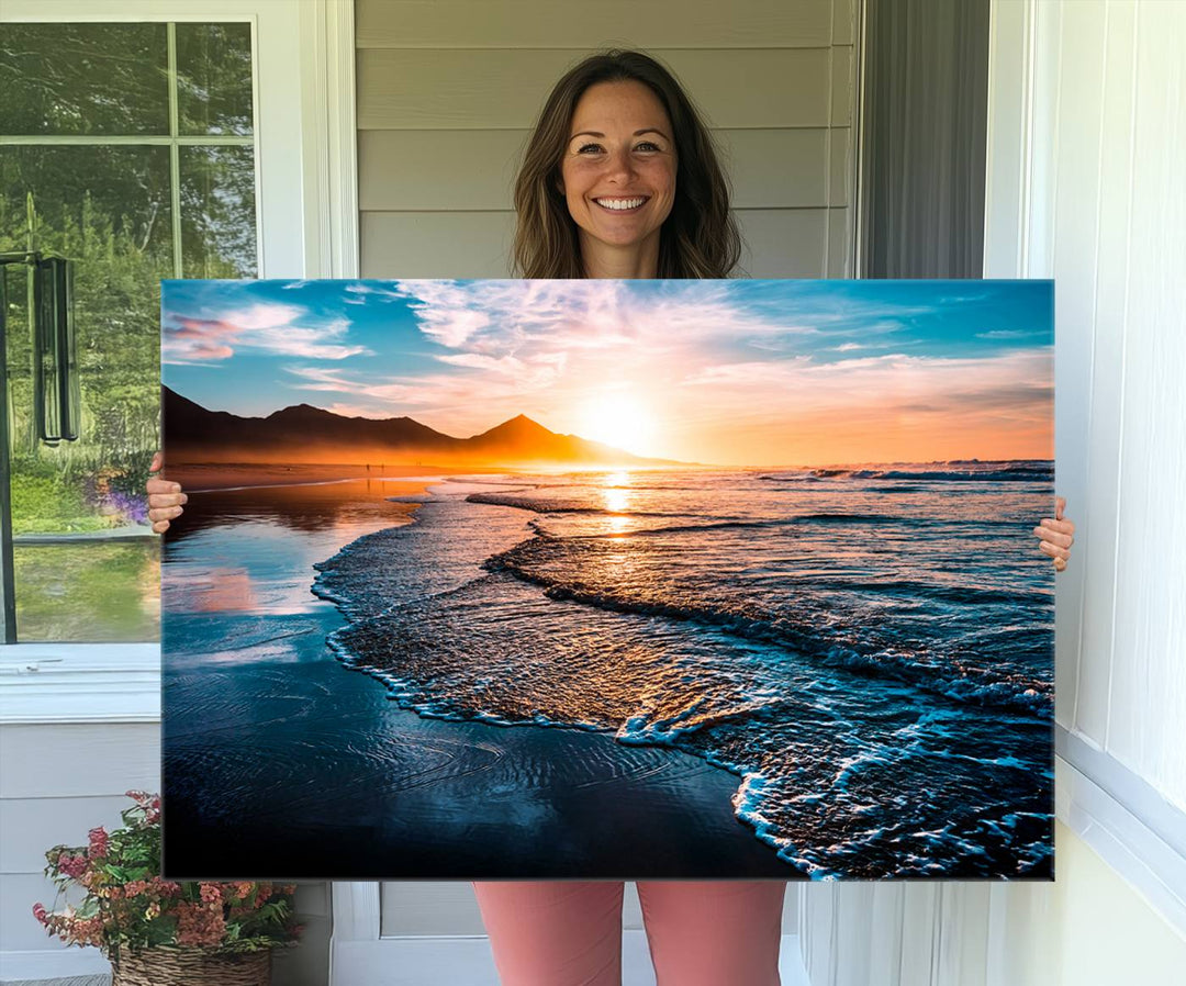 The Sunset Beach Ocean Canvas Wall Art – Tranquil Reflections at Dusk enhances the ambiance with its captivating depiction of serene ocean views at dusk.