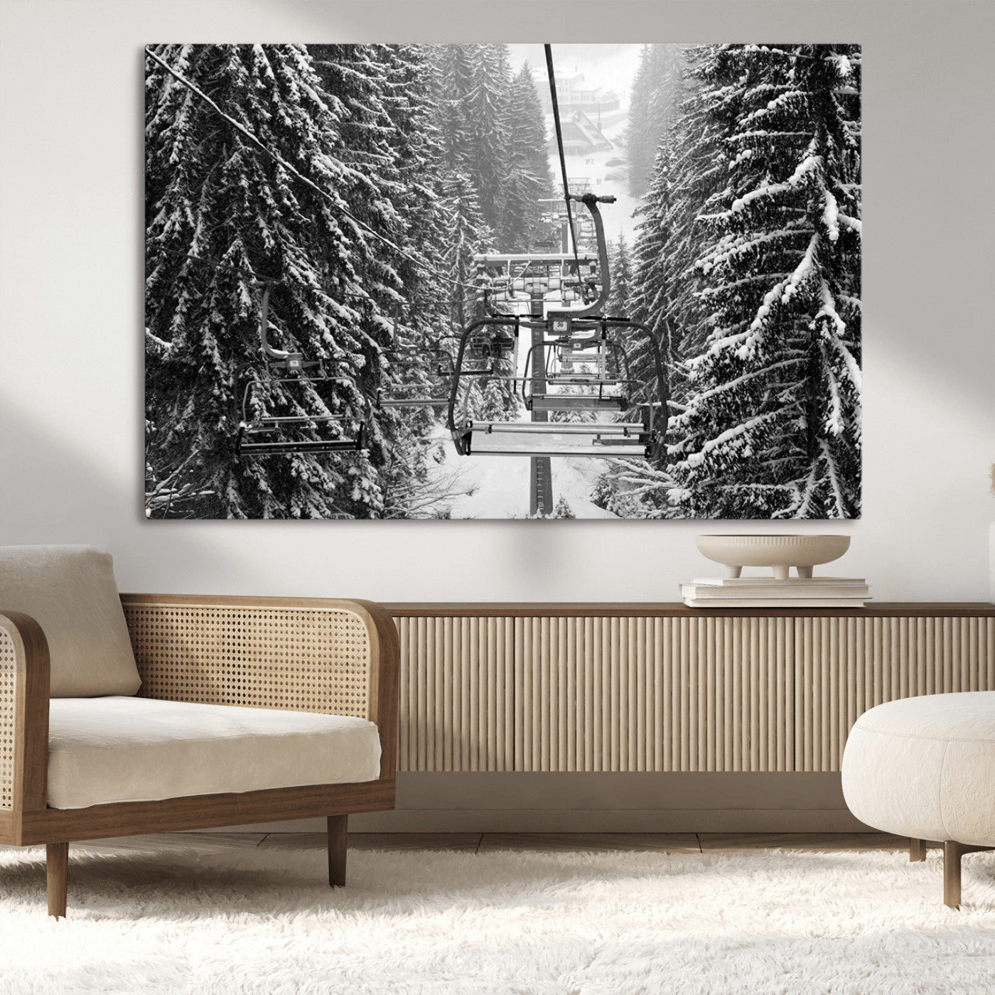 MGV-CV-36X24 - Winter Ski Lift Black and White Canvas Wall Art – Alpine Escape in Minimalist Style – Ready to Hang