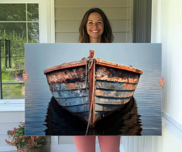 Stunning vintage boat canvas print featuring a calm water scene.