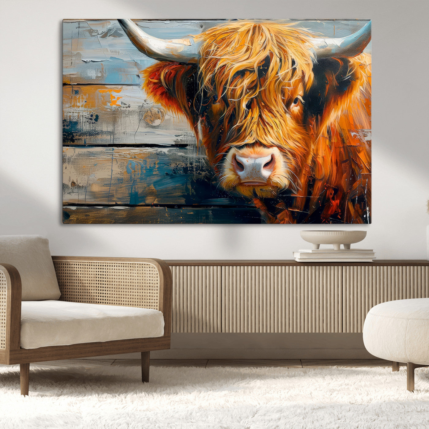 -Highland Cow Abstract Canvas Wall Art – Bold Farmhouse Rustic Decor – Ready to Hang