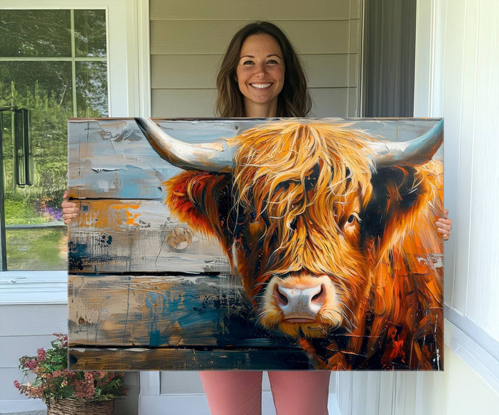 The dining room features Highland Cow Abstract Canvas Wall Art in a farmhouse rustic decor style.