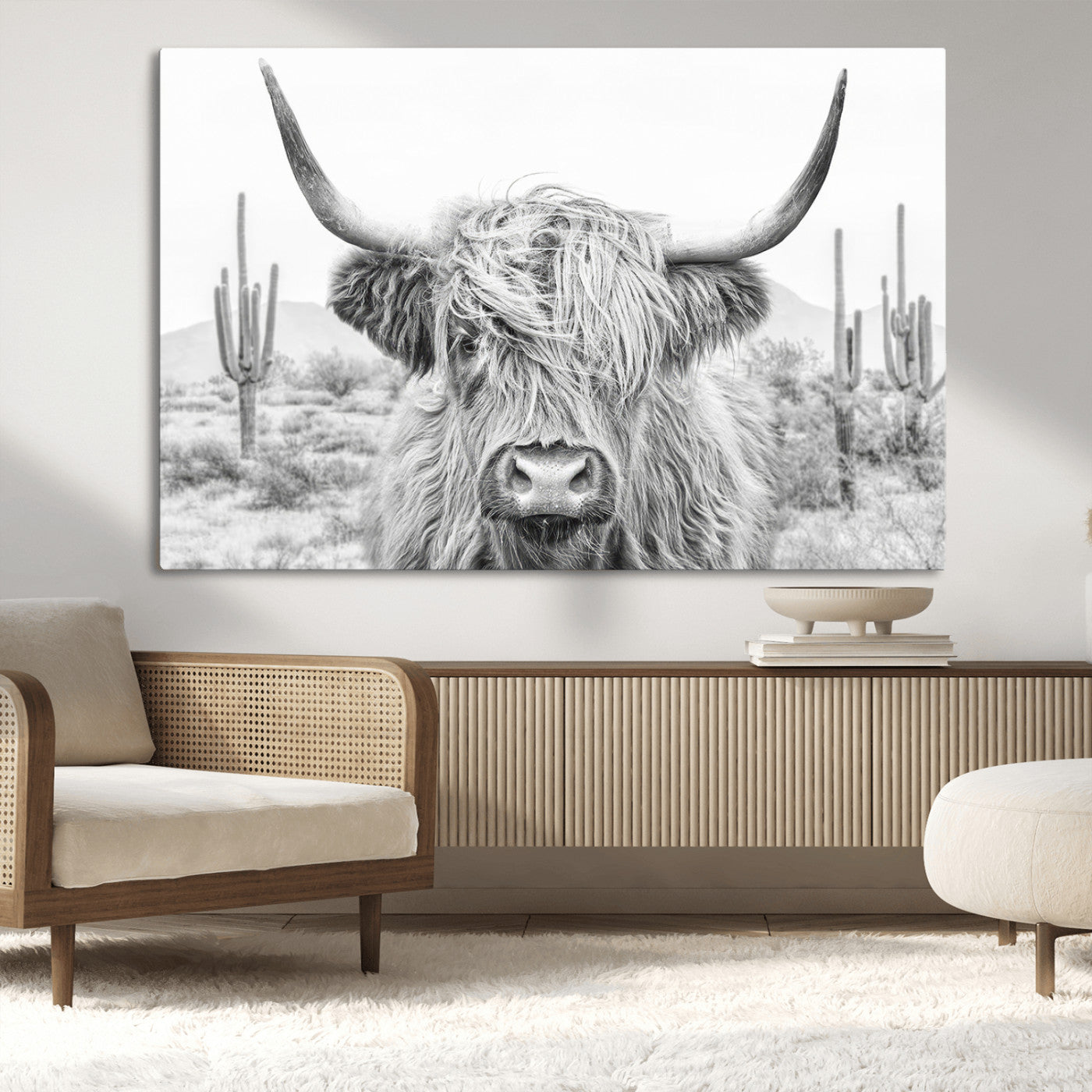 -Rustic Charm | Cow Longhorn Black White Bighorn Wall Art Canvas Print | Farmhouse Wall Art