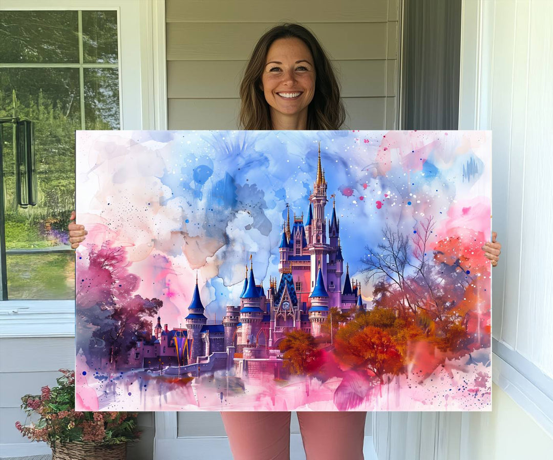 A Disney Wall Art: Dreamy Watercolor Cinderella Castle Canvas Print hangs prominently.