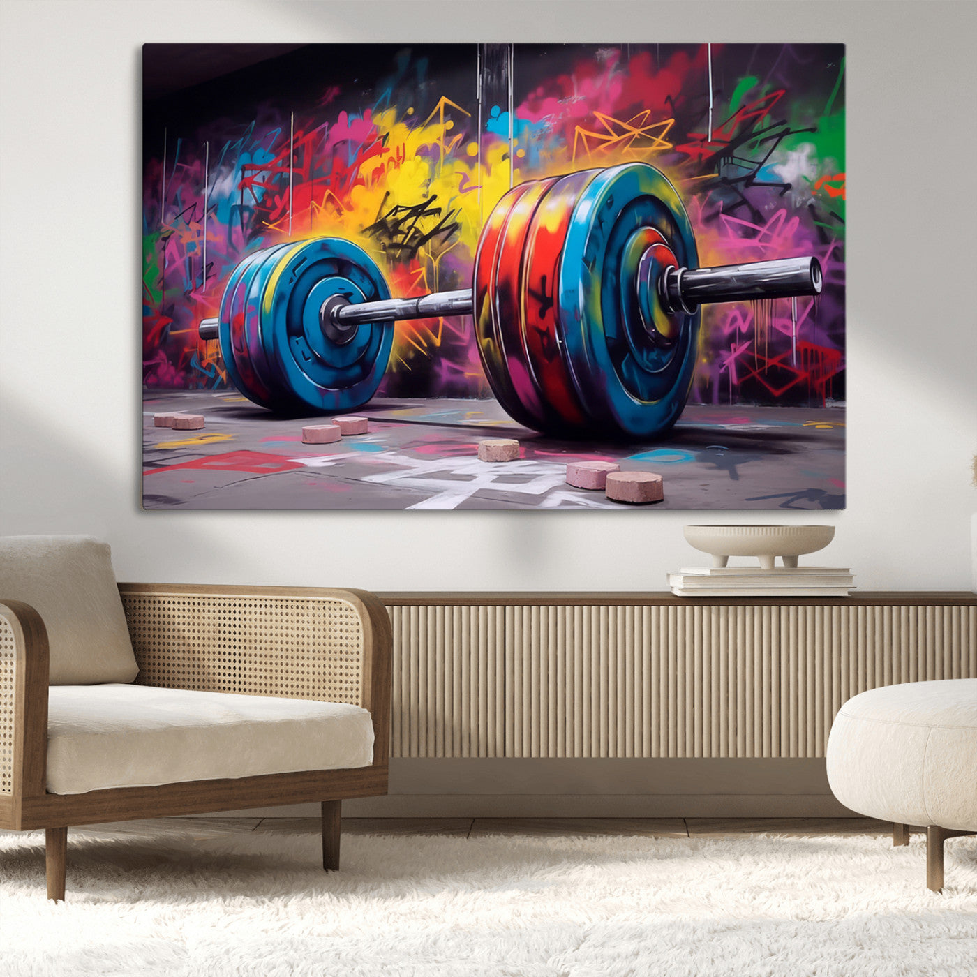 MGV-CV-36X24 - Abstract Graffiti Barbell Canvas Wall Art – Urban Fitness Meets Bold Street Art Print - Gym Wall Art Print