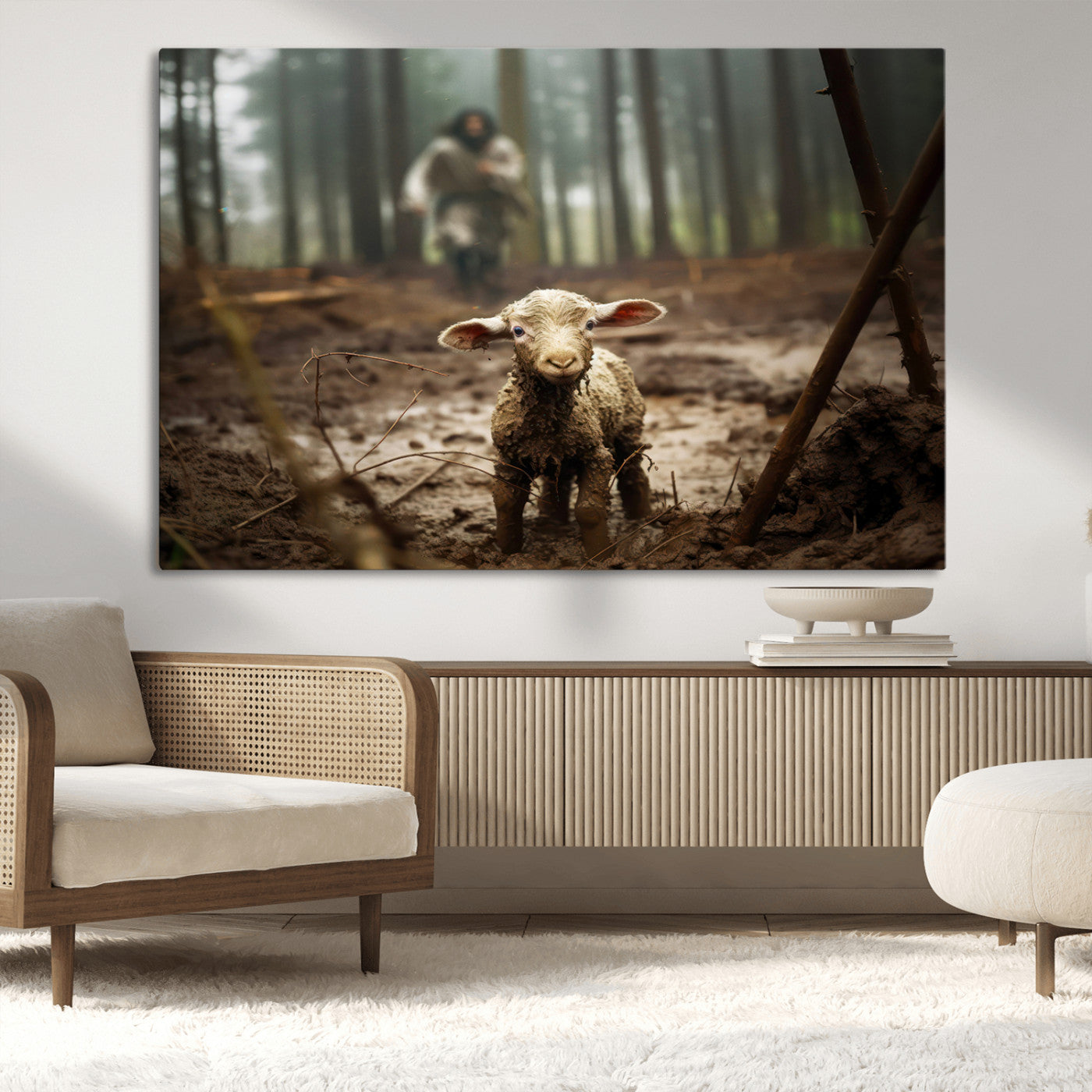 MGV-CV-36X24 - Jesus Running After a Lost Lamb Canvas Wall Art Print