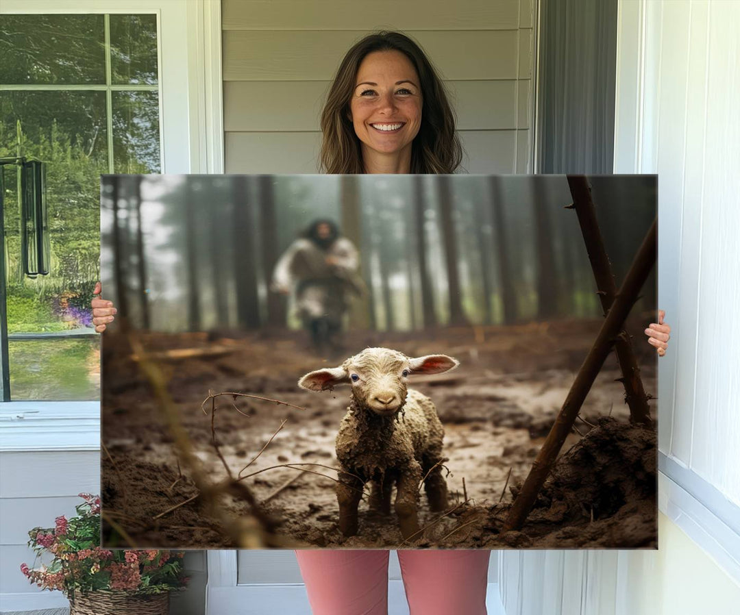 The Jesus Running After a Lost Lamb canvas wall art print depicts a lamb in a muddy forest.