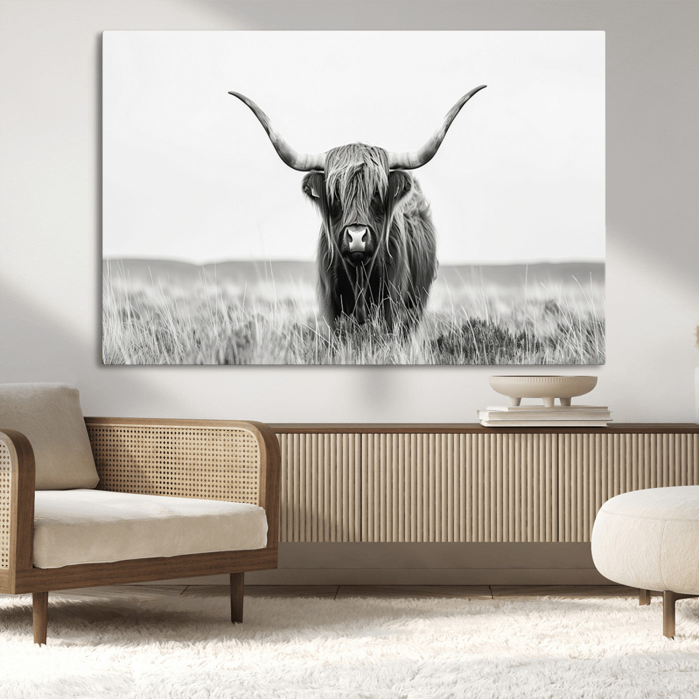 MGV-CV-36X24 - Highland Cow Canvas Wall Art – Majestic Beauty in Black and White – Ready to Hang