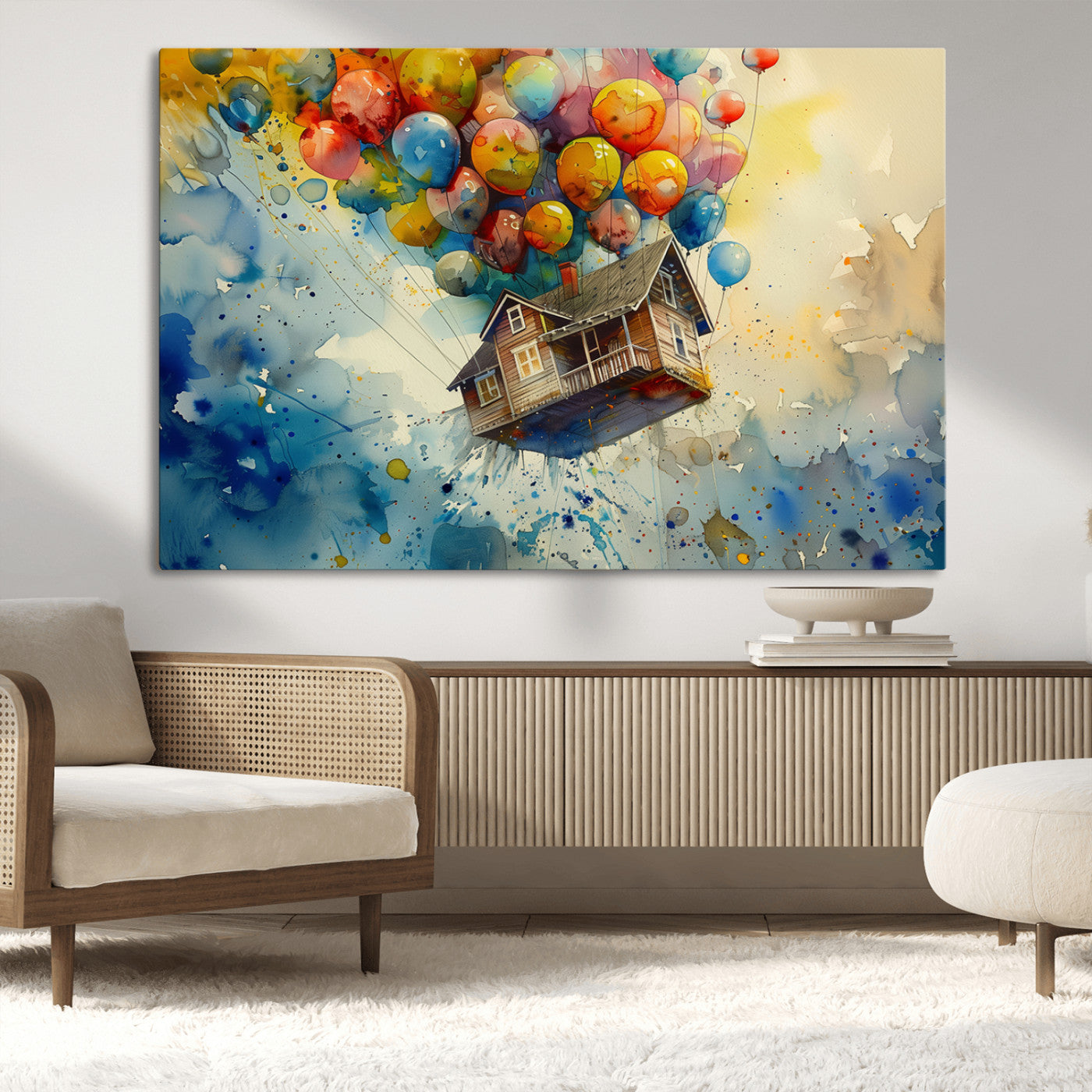 MGV-CV-36X24 - UP-Inspired Floating House with Balloons Canvas Art – Colorful 3-Panel Wall Decor for Living Room,
