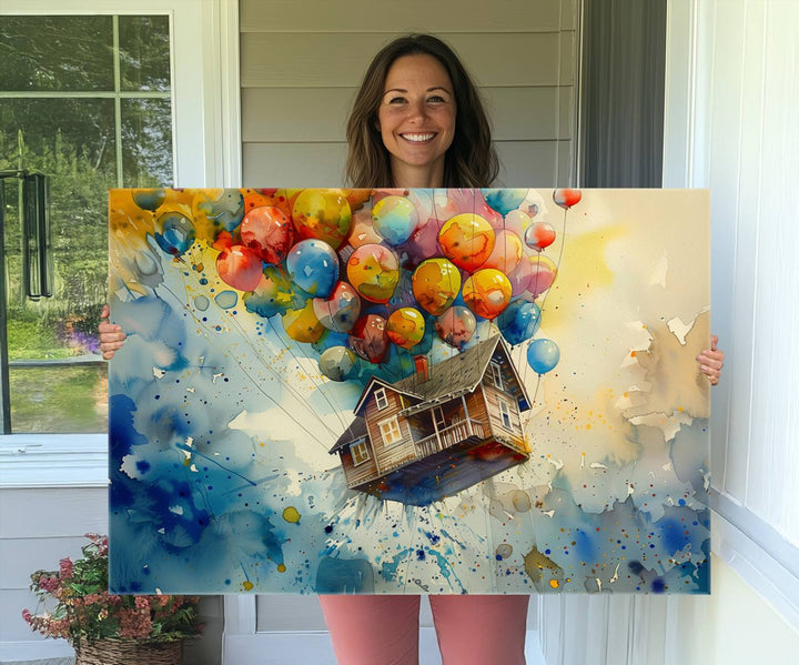 UP-Inspired Floating House with Balloons Triptych Canvas Art – Colorful 3-Panel Wall Decor for Living Room, Office, or Nursery