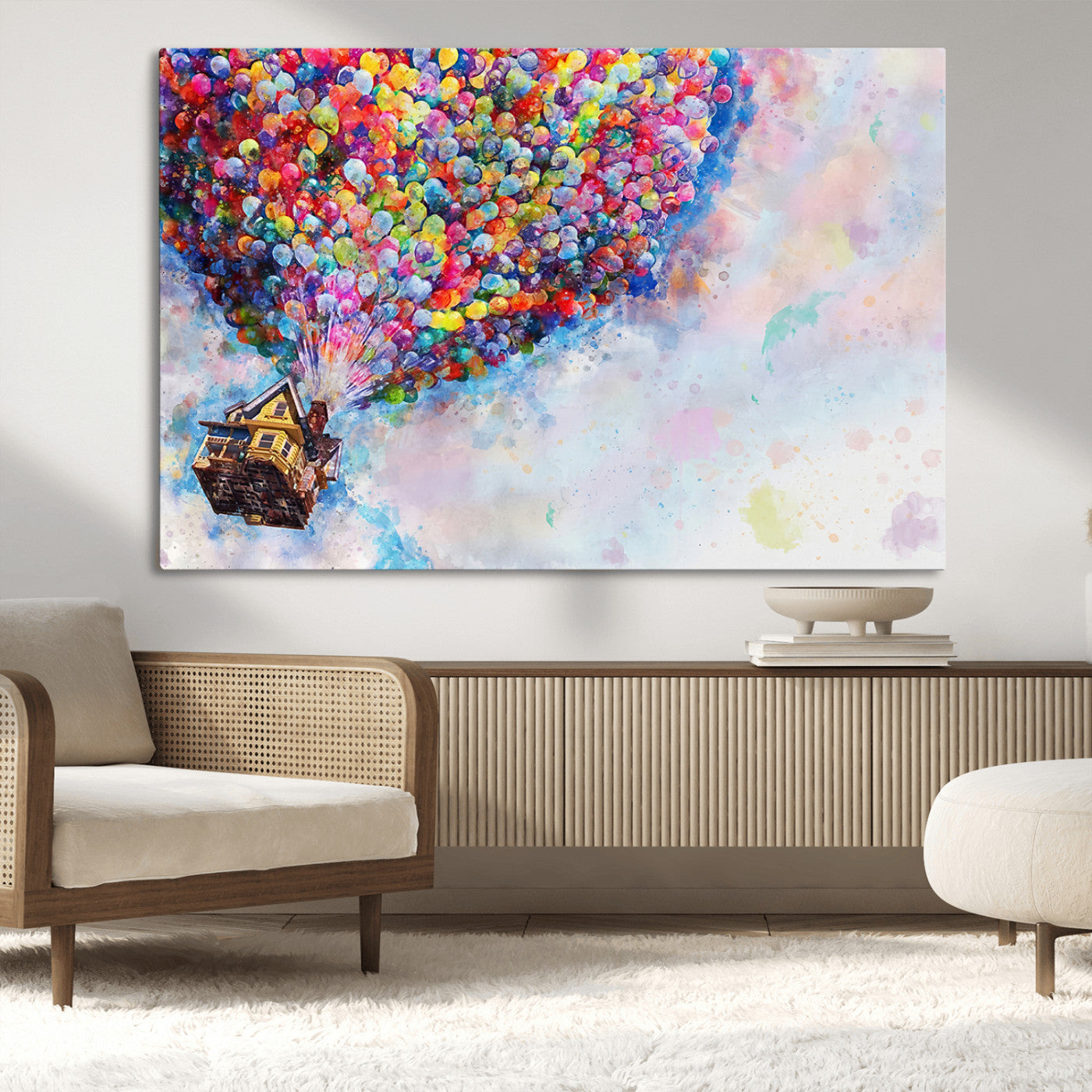MGV-CV-36X24 - Don't Look Up Movie Canvas Wall Art - Vibrant Floating House and Balloons Scene, Tribute to Iconic