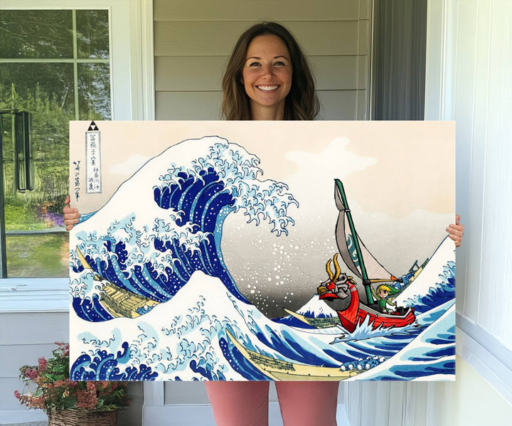 The Katsushika Hokusai Kanagawa Giant Wave Canvas print captures a vibrant sailing scene.