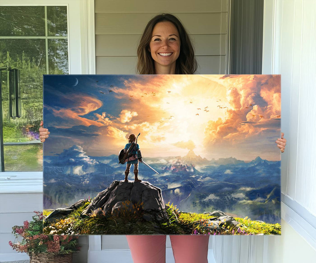 A vibrant Legend of Zelda Breath of the Wild canvas print depicts a figure standing on a rock with mountains and sky in the background.