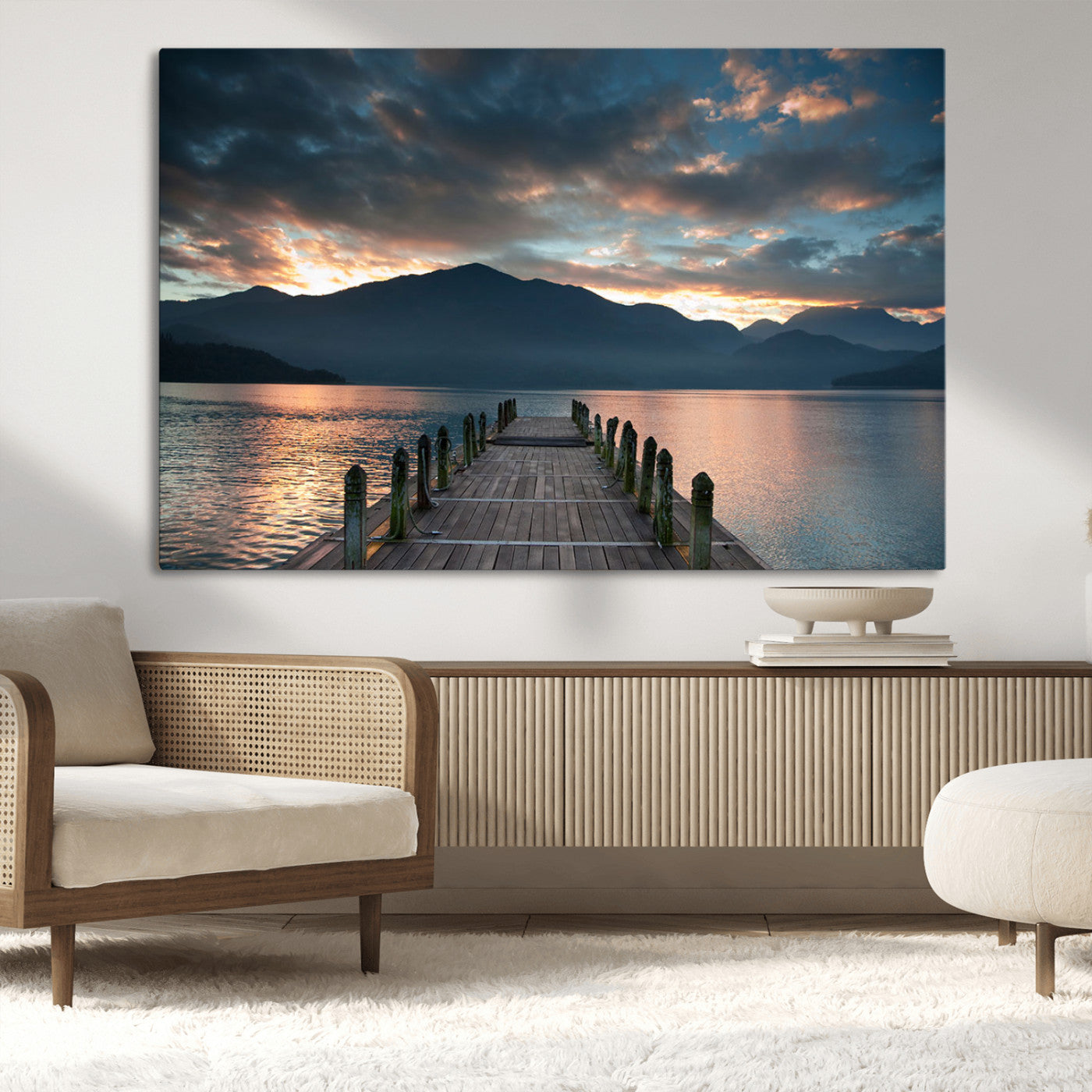 MGV-CV-36X24 - Mountain Lake Wood Pier Canvas Wall Art Nature Lake Print
