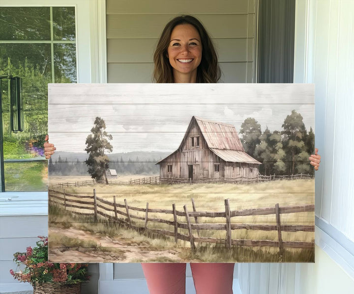 The wall is adorned with a Rustic Farmhouse Barn Wall Art.