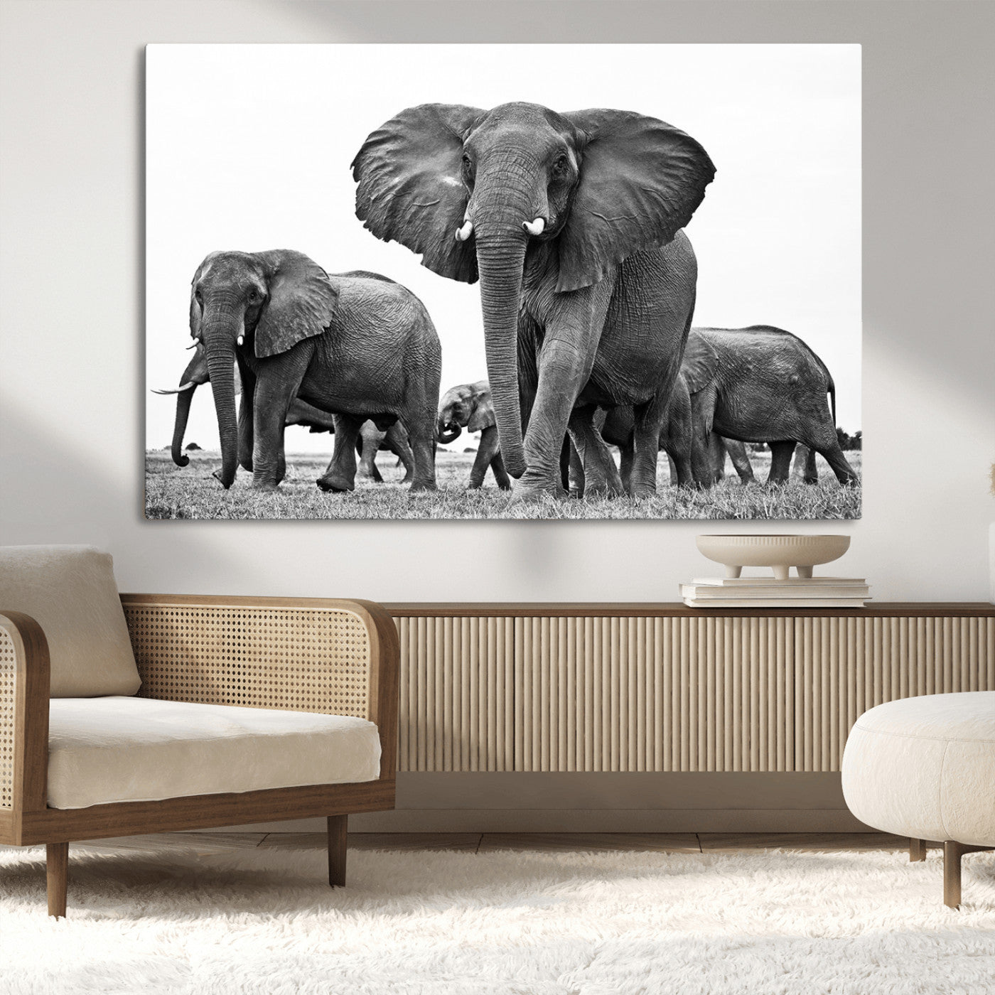 MGV-CV-36X24 - Black White Elephant Family Wall Art Canvas Print