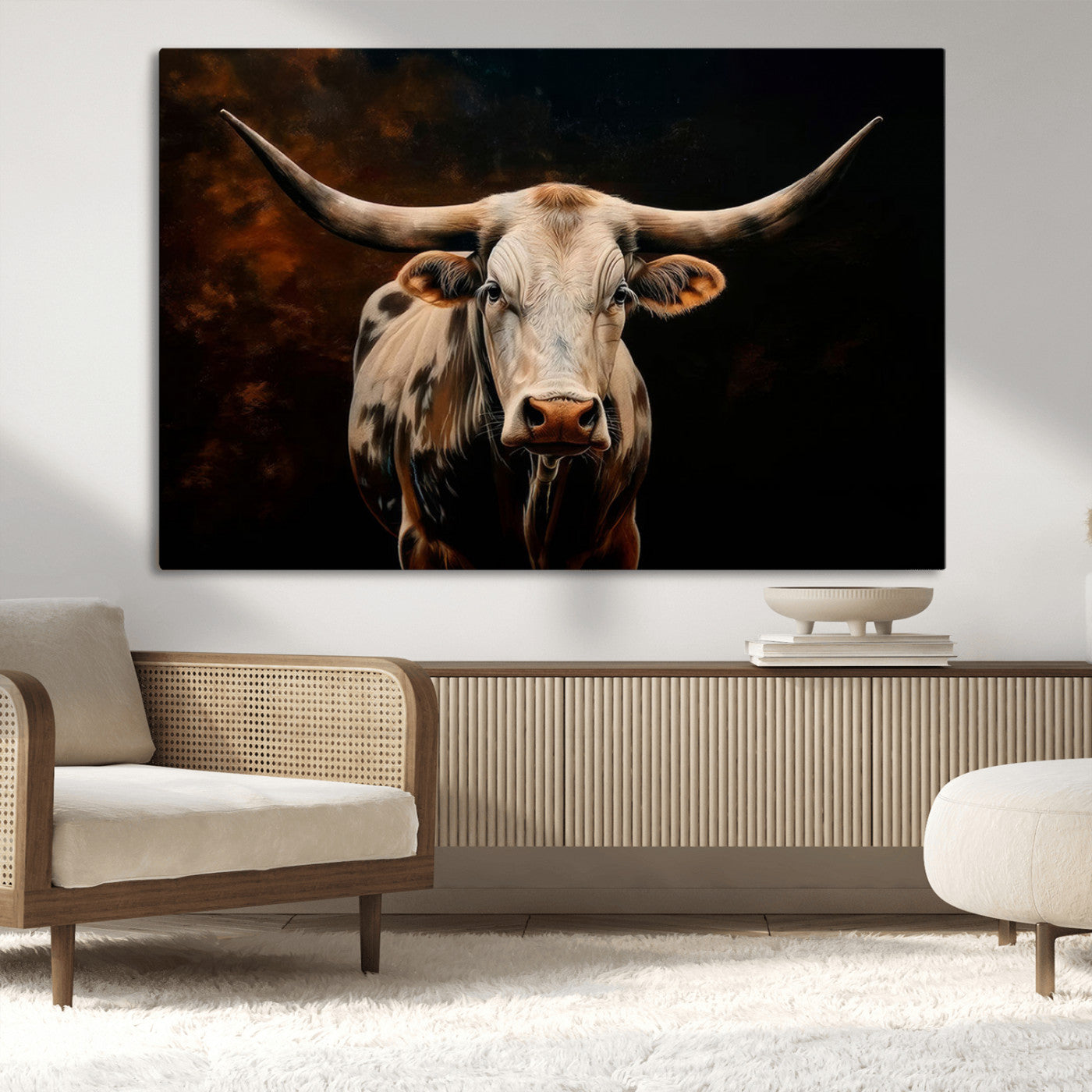 MGV-CV-36X24 - Texas Longhorn Wall Art | 3-Panel Large Texas Longhorn Canvas Print for Living Room, Office, or Farmhouse Decor | Framed Giclee Longhorn Wall Art