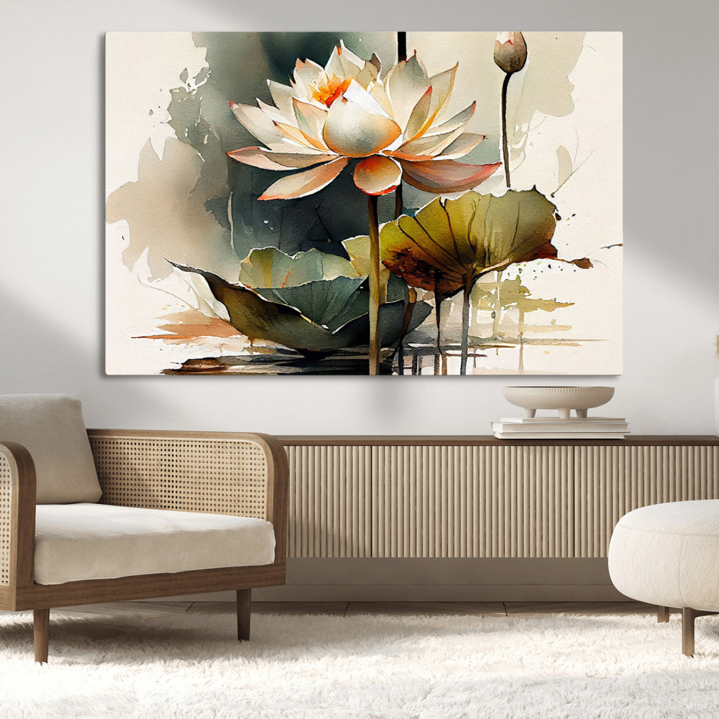MGV-CV-36X24 - Lotus Flower Watercolor Canvas Print – A Symbol of Serenity and Growth, Captured in Soft Watercolors – Contemporary Wall Art for Tranquil Spaces