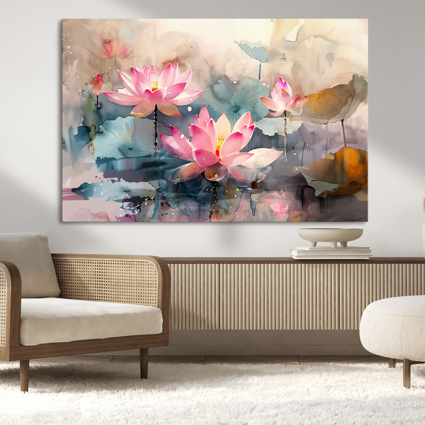 MGV-CV-36X24 - Lotus Flower Wall Art | 3-Panel Giclee Canvas Print of Pink Lotus Blossoms for Living Room, Bedroom, Office | Framed Lotus Floral Wall Art Decor Print