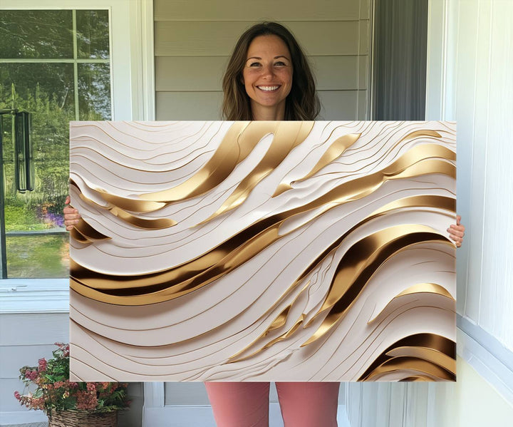 A Gold and White Abstract Wave Canvas with luxurious golden accents.