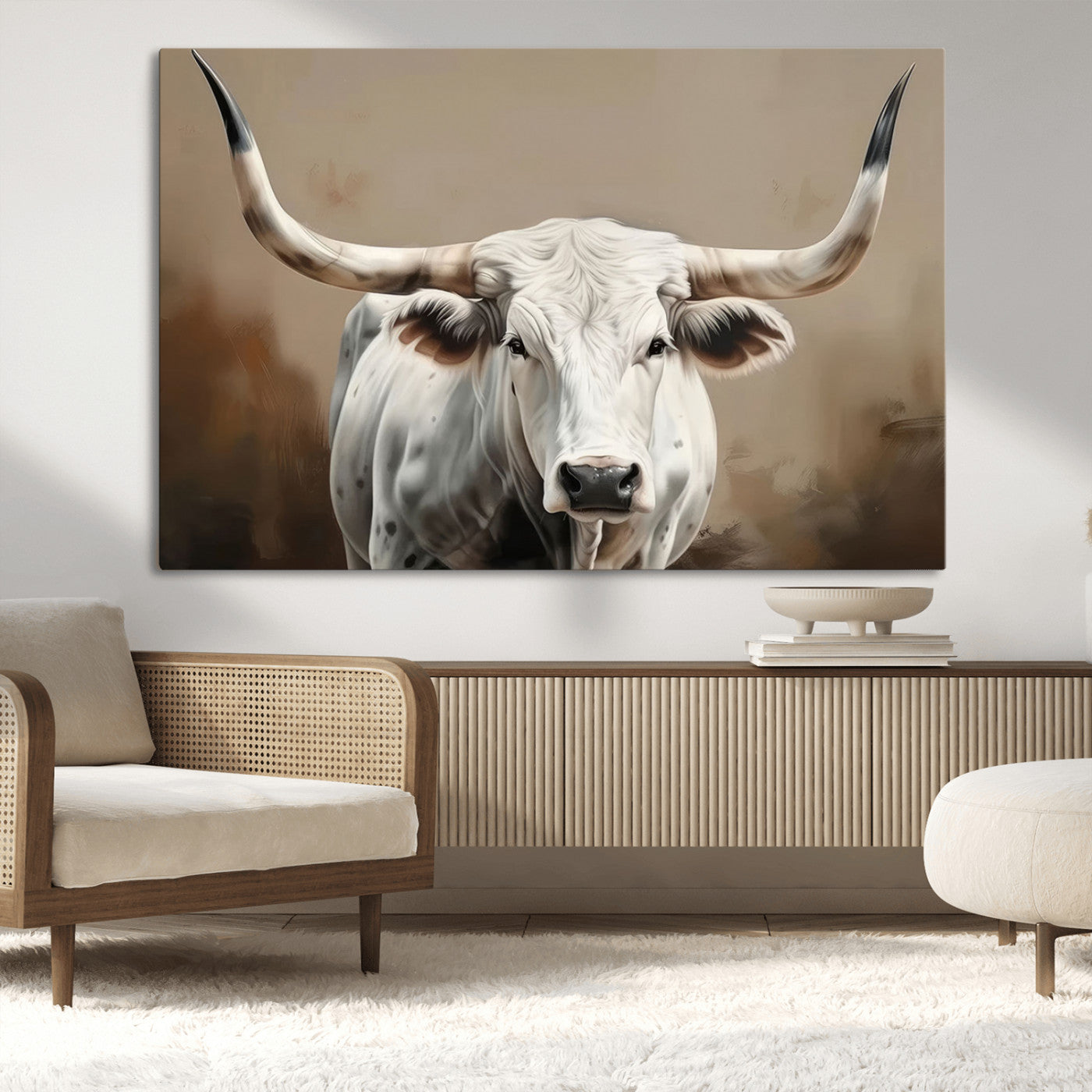 -White Longhorn Bull Wall Art Canvas Print – Framed and Ready to Hang – Perfect for Farmhouse and