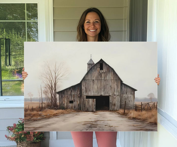 The Farmhouse Rustic Barn Wall Art Canvas Print, framed and ready to hang, enhances the farmhouse décor.