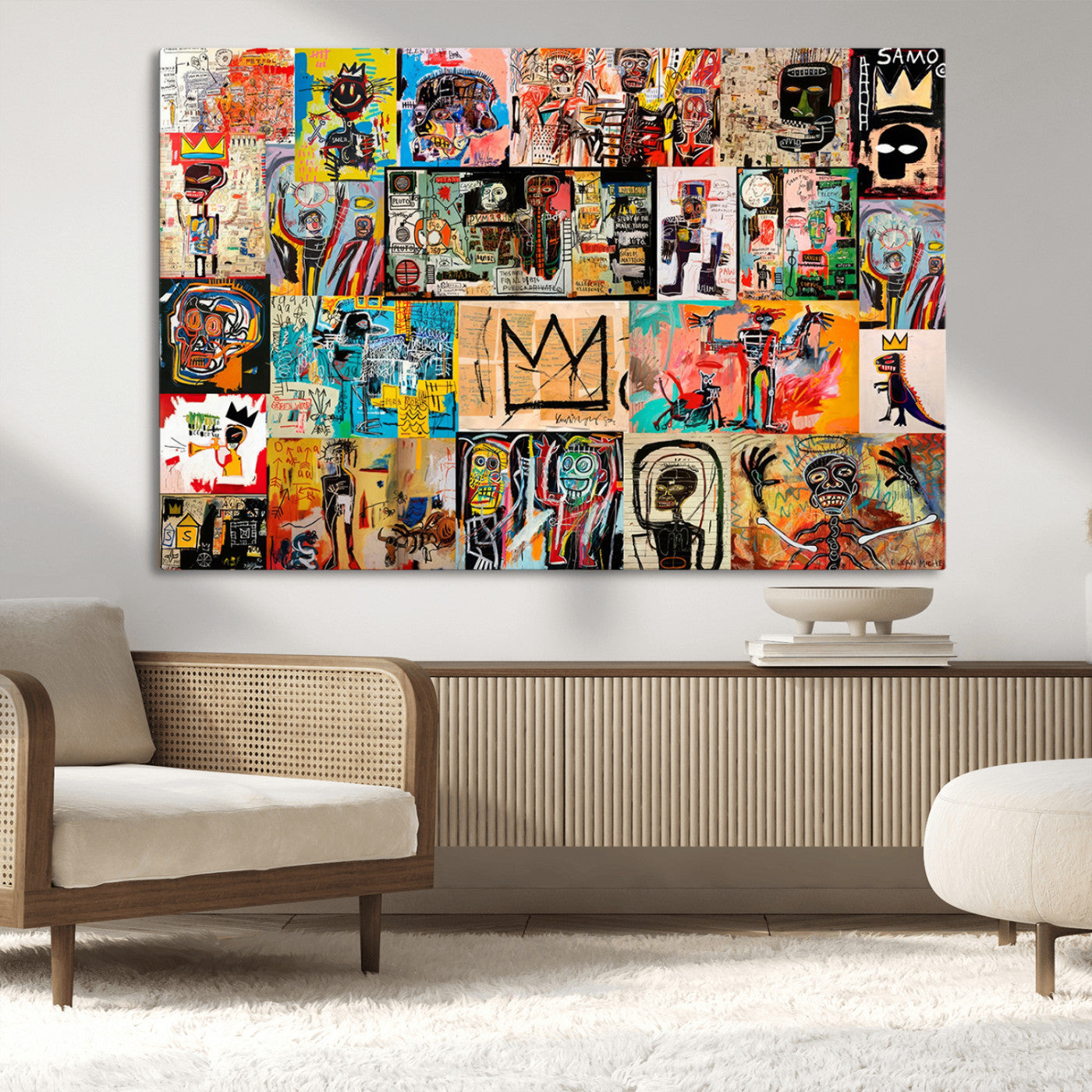 MGV-CV-36X24 - Basquiat Art Collage Wall Art Canvas Print – Framed, Ready to Hang, Urban Graffiti Style