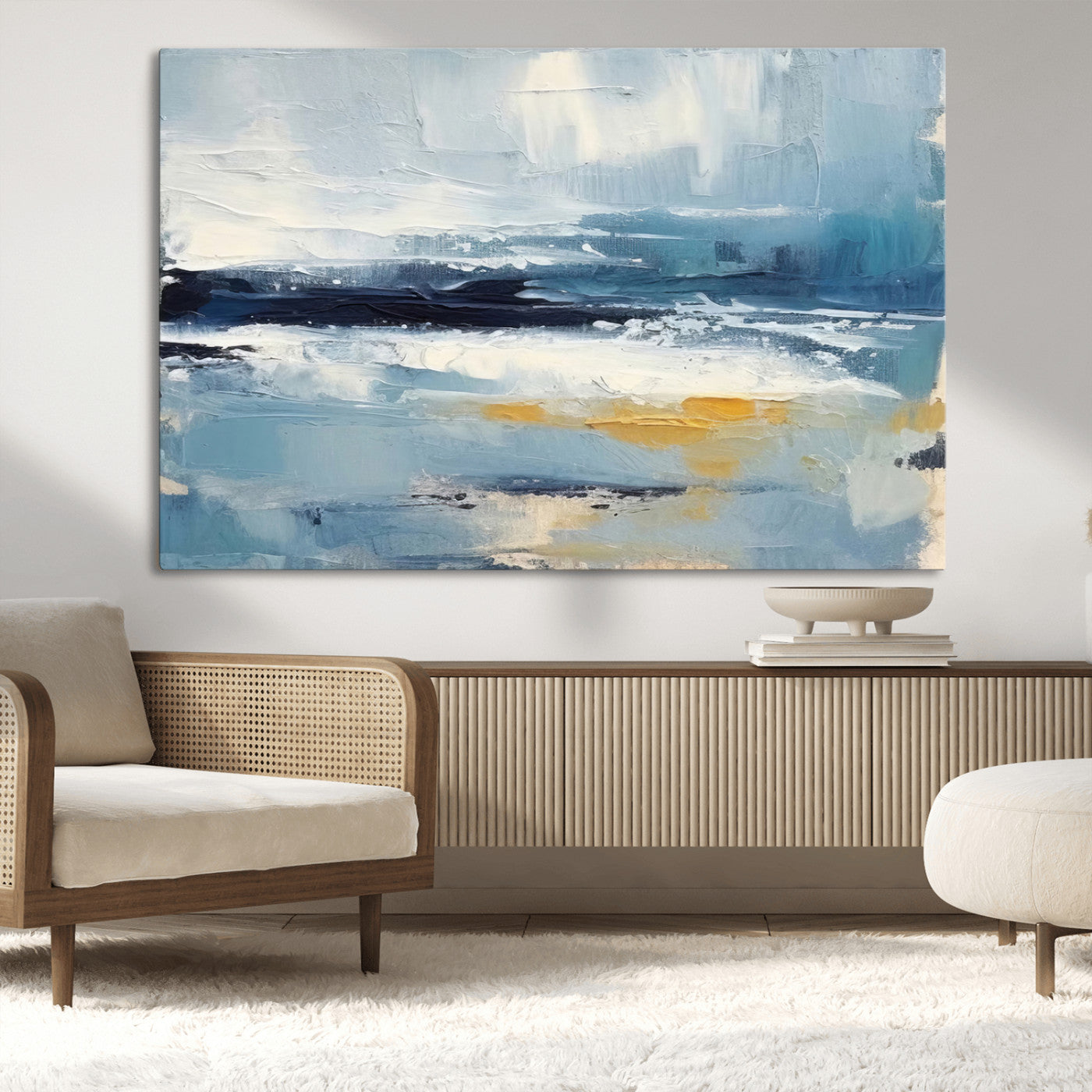 MGV-CV-36X24 - Abstract Ocean Canvas Wall Art - Coastal Blue and Gold Textured Painting, Modern Seascape Decor for Living Room Decor