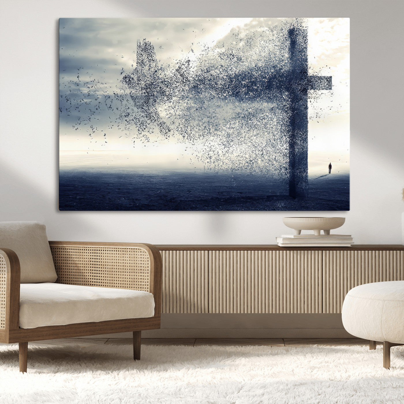 MGV-CV-36X24 - Jesus and the Fading Cross Wall Art Print – Symbol of Faith, Christian Wall Art Canvas Print, Framed and Ready to Hang