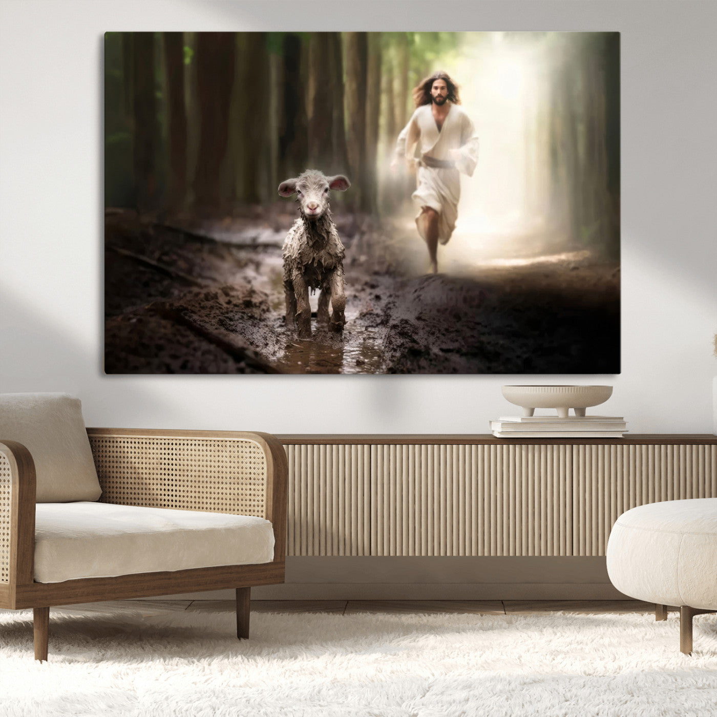 MGV-CV-36X24 - Jesus Canvas Wall Art - Jesus Running After Lost Lamb, Jesus, Christian Home Decor - Church Wall Art