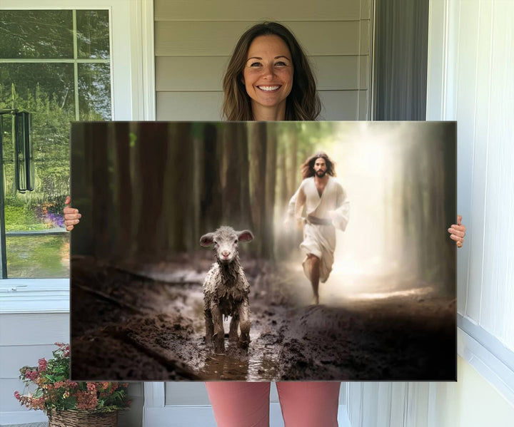 The Jesus Running After Lost Lamb canvas wall art adds a touch of spiritual significance.