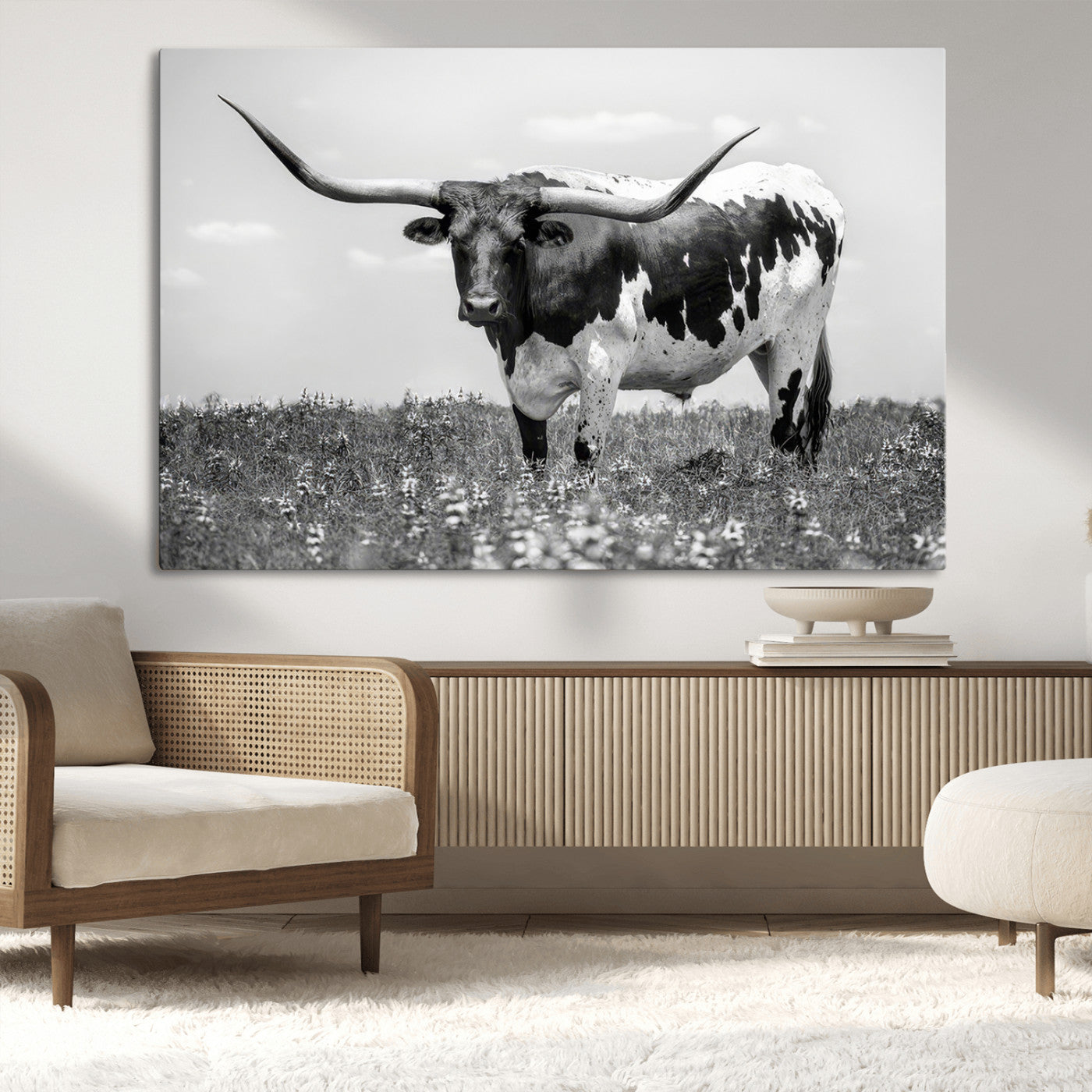 -Texas Black White Highland Longhorn Cow Wall Art Canvas Print