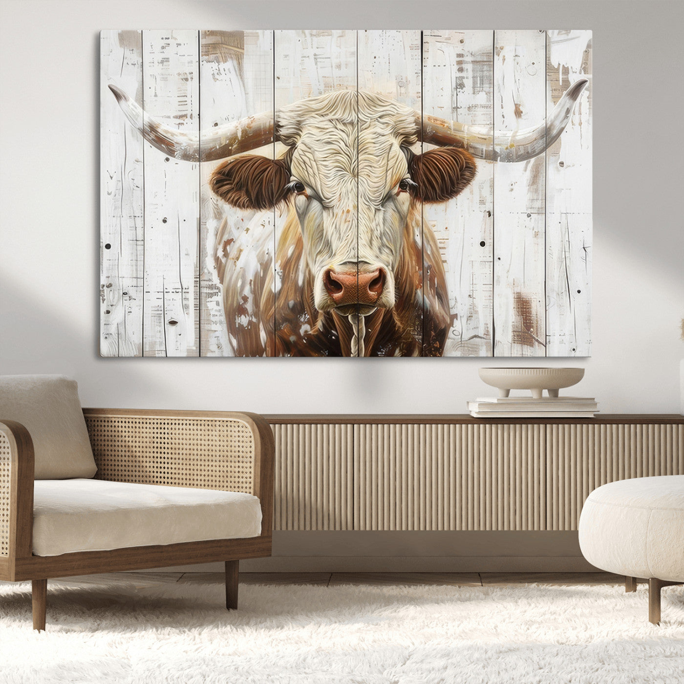 -Rustic Longhorn Bull Wall Art Canvas Set – Western-Inspired Farmhouse Décor - Ready to Hang