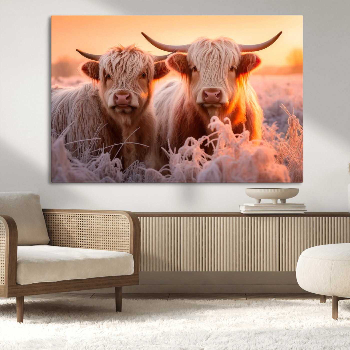 -Highland Cows at Sunrise Wall Art Canvas Set – Serene and Rustic Farmhouse Decor