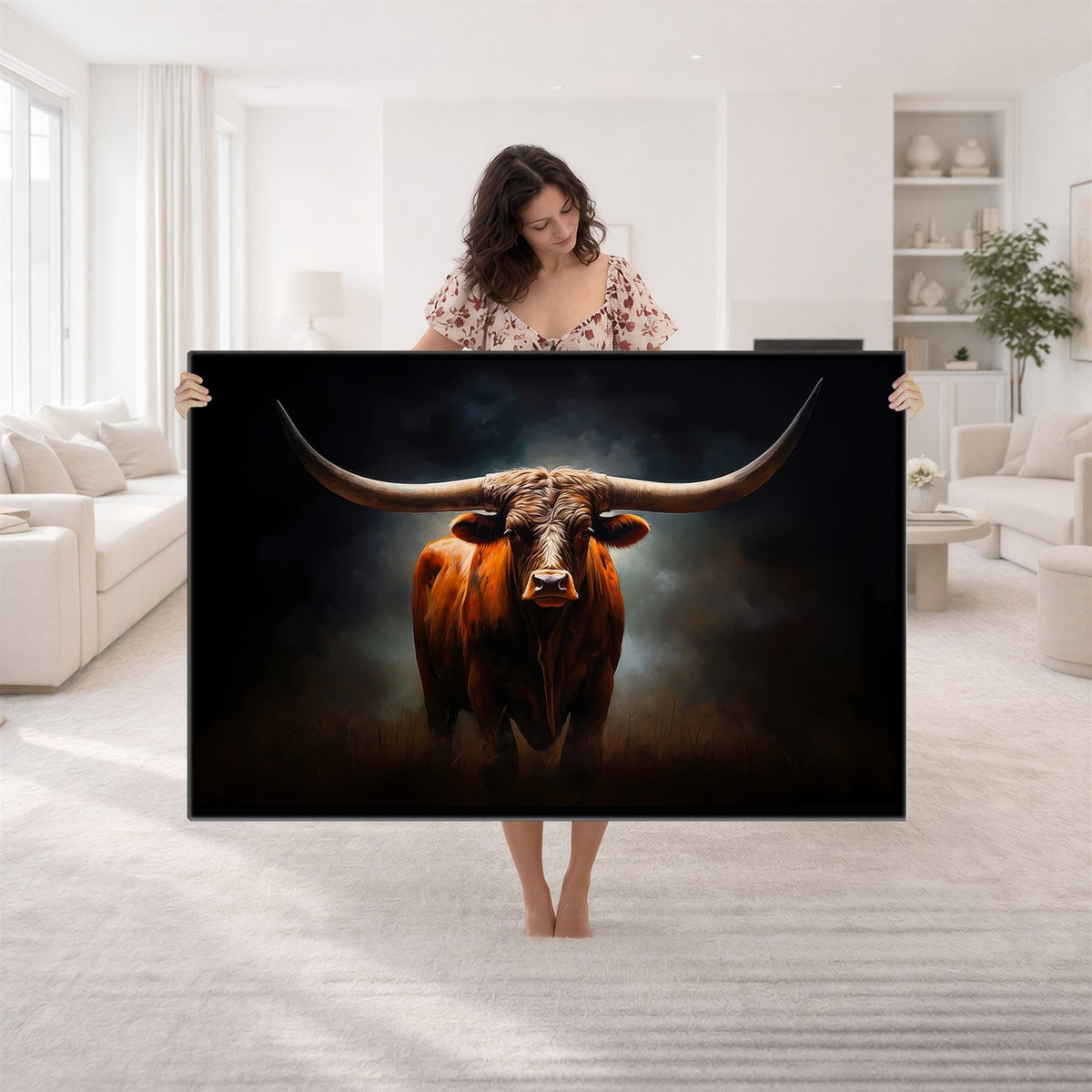 48896-MGV-CV-24X16 - Abstract Texas Longhorn Wall Art Print | 3-Panel Large Texas Longhorn Canvas