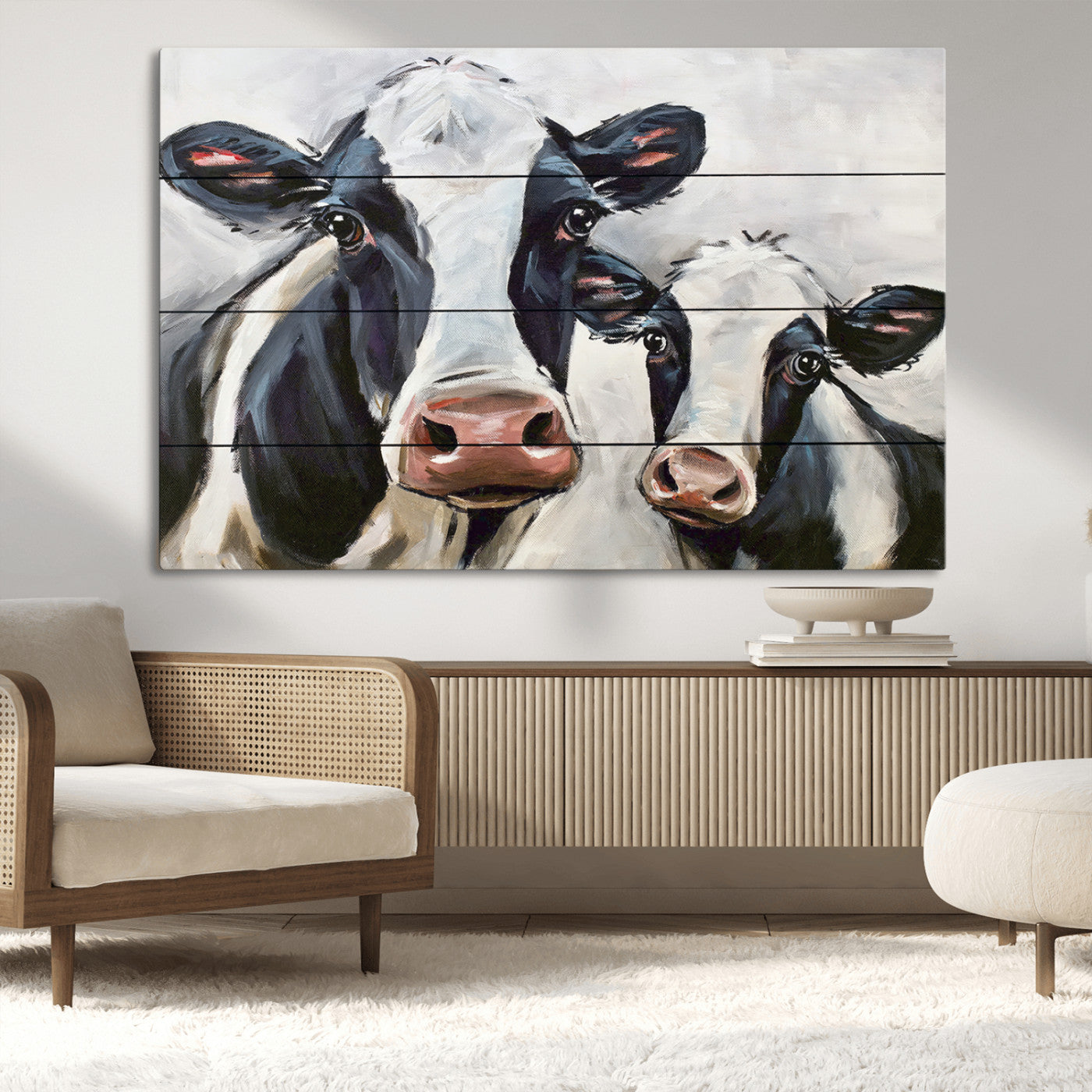 -Vintage Baby and Mom Cattle Wall Art Canvas Print