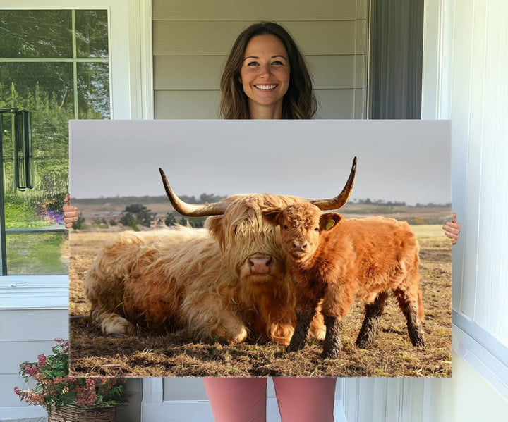 Highland Cow Canvas: a light brown cow and calf in the field, ideal farmhouse decor.