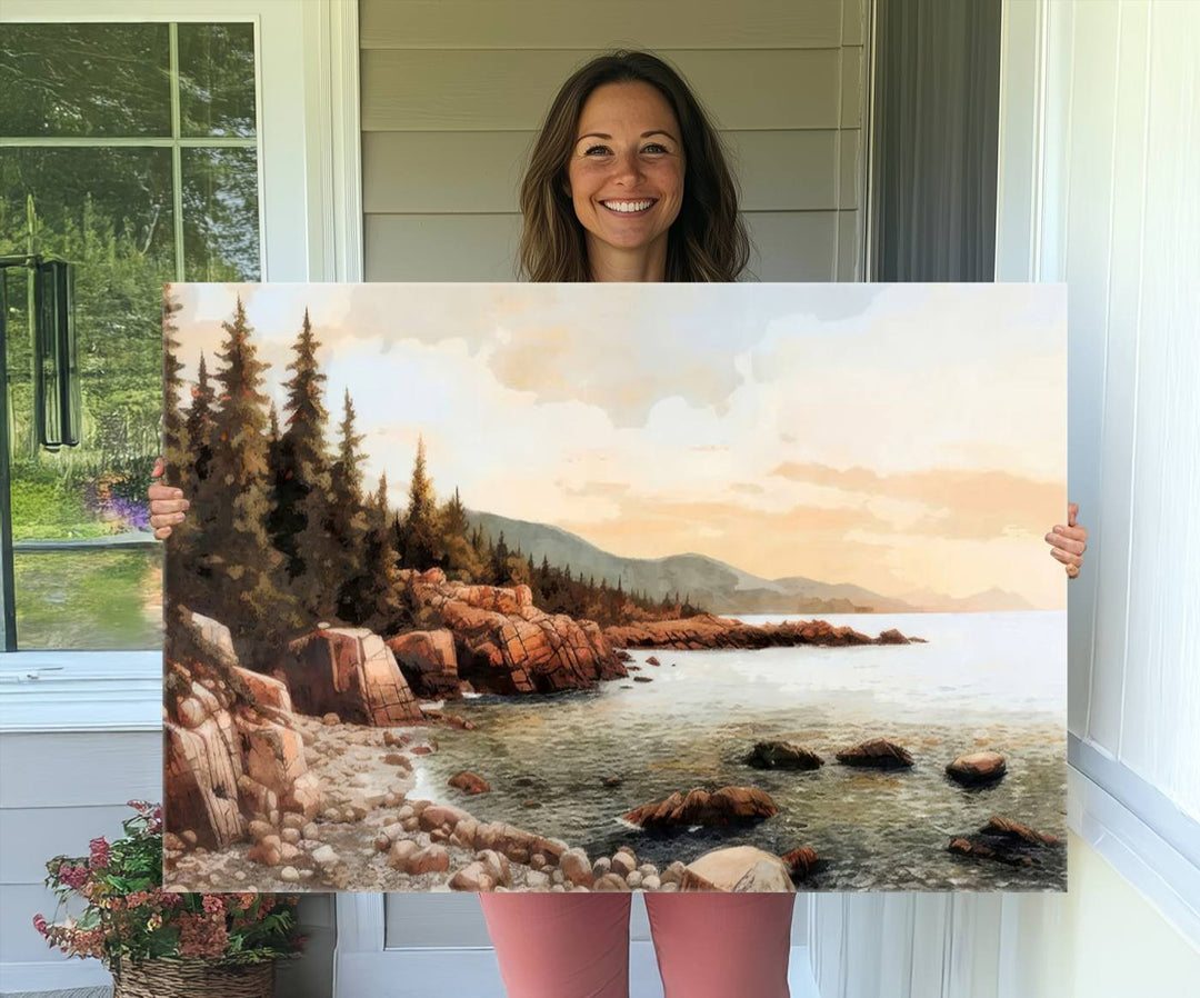 The Serene Coastal View of Acadia National Park 3-panel canvas, framed and ready to hang, adorns the wall.