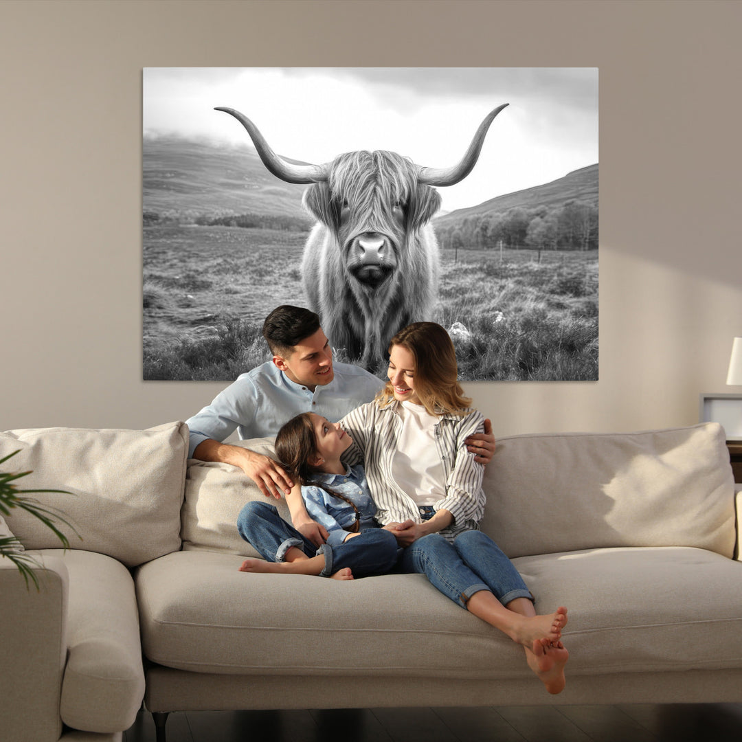 Black White Scottish Highland Cow Canvas Farm Wall Art Canvas Print