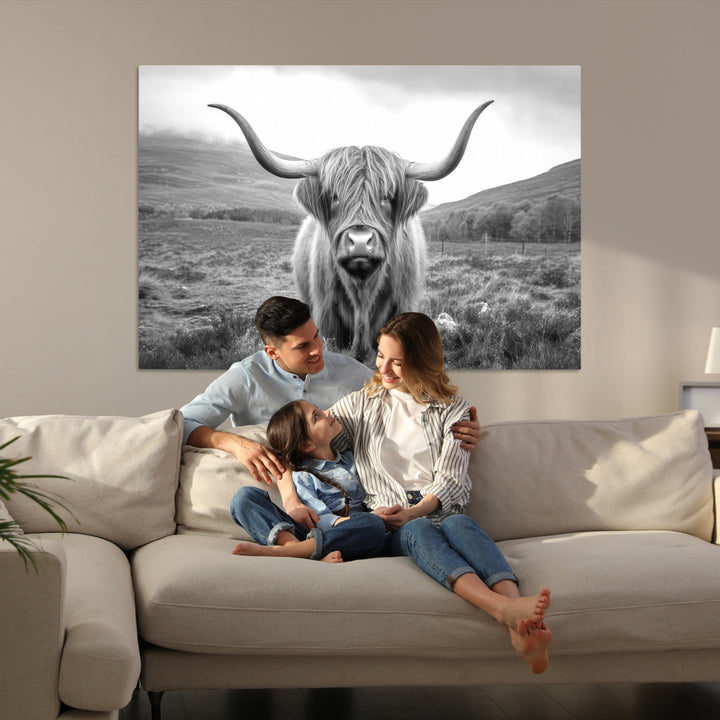 Black White Scottish Highland Cow Canvas Farm Wall Art Canvas Print