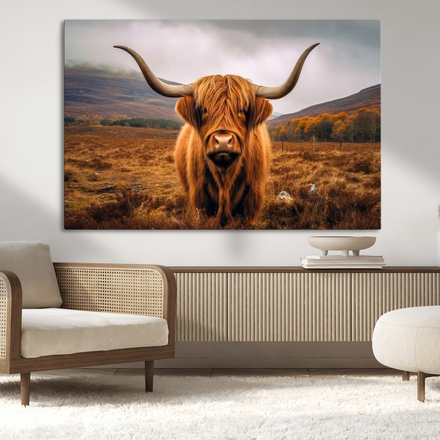 -Highland Cow Longhorn Wall Art – Rustic Canvas Print, Framed and Ready to Hang for Farmhouse Décor