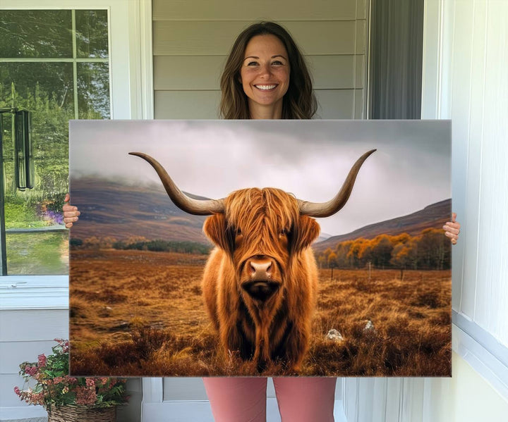 Highland Cow Longhorn Canvas Print, framed, on a wooden wall.