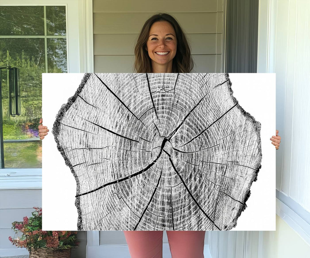 Black and white tree ring art print.