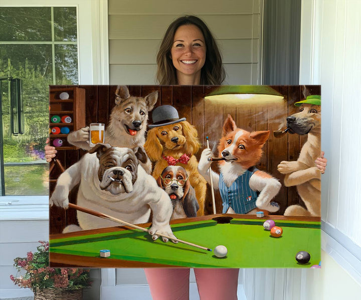 Dogs Playing Pool Canvas Wall Art: This artwork depicts a room where dogs are engaged in a game of pool. One dog is poised to cue while others observe the scene.